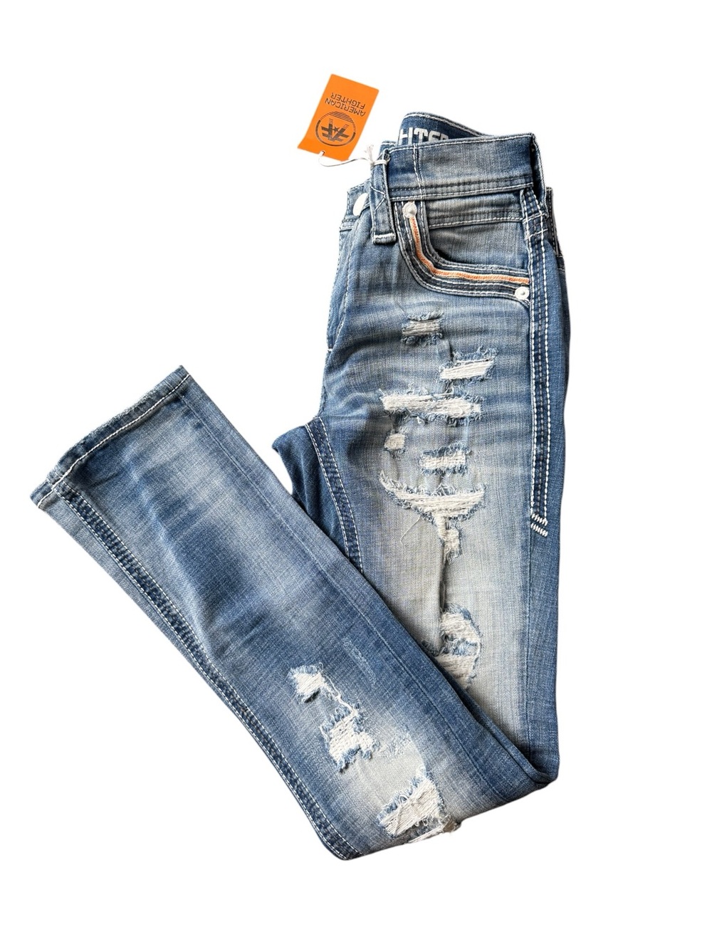 American Fighter Distressed Men's/Unisex Skinny Jeans Embroidered Thrashed Sz 28 - Picture 2 of 8
